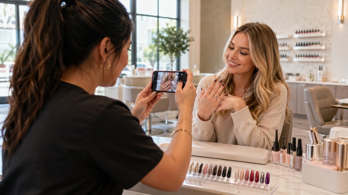 Nagelstudio-Inhaberin fotografiert eine Maniküre für mehr Kundengewinnung